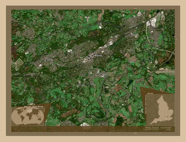 イングランドの首都圏ではない地区 ウォーキング イギリス 低解像度衛星地図 地域の主要都市の位置と名前 コーナー補助位置図 — ストック写真