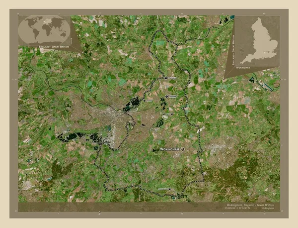 Wokingham 英格兰的统一权威 大不列颠 高分辨率卫星地图 该区域主要城市的地点和名称 角辅助位置图 — 图库照片