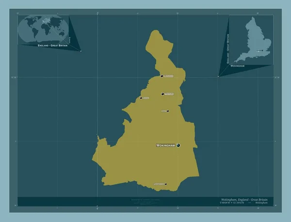 ウッキンガム イギリスの統一当局 イギリス しっかりした色の形 地域の主要都市の位置と名前 コーナー補助位置図 — ストック写真