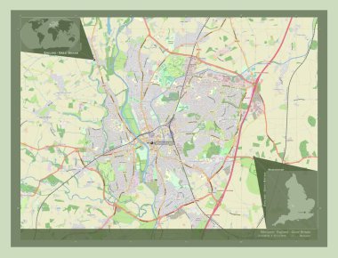 Worcester, İngiltere idari bölgesi - Büyük Britanya. Açık Sokak Haritası. Bölgenin büyük şehirlerinin yerleri ve isimleri. Köşedeki yedek konum haritaları