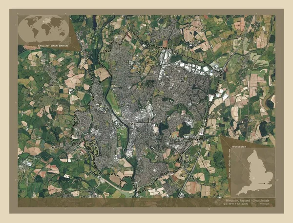 ウスター イングランドの行政郡 イギリス 高解像度衛星地図 地域の主要都市の位置と名前 コーナー補助位置図 — ストック写真
