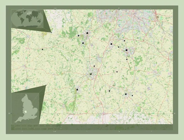 伍斯特郡 英格兰的行政区划 大不列颠 开放街道地图 该区域主要城市的所在地点 角辅助位置图 — 图库照片