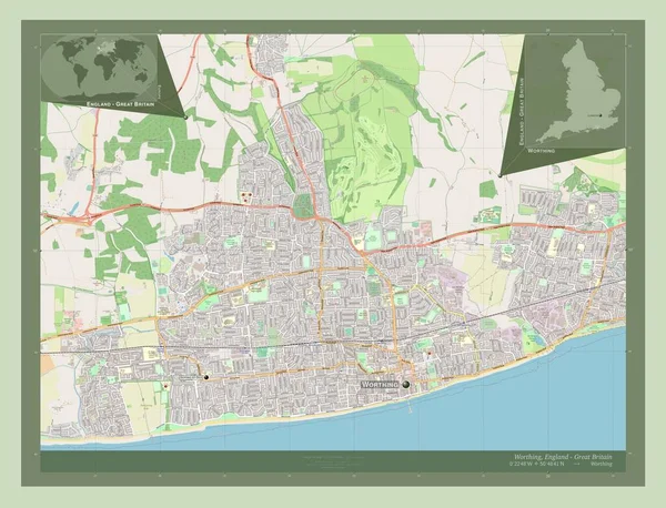 Worthing, non metropolitan district of England - Great Britain. Open Street Map. Locations and names of major cities of the region. Corner auxiliary location maps