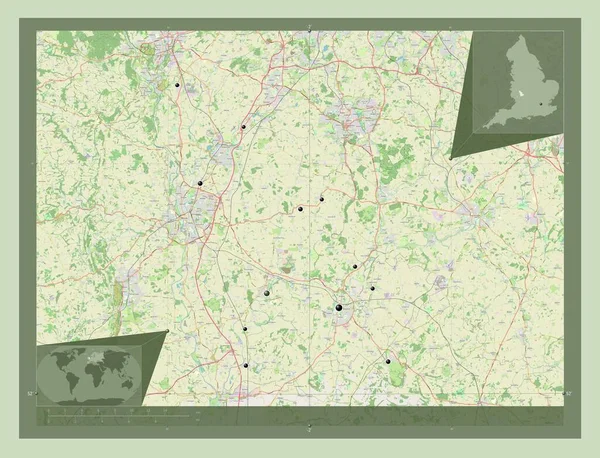 ワイシャボン イギリスの首都圏ではない地区 イギリス ストリートマップを開く 地域の主要都市の場所 コーナー補助位置図 — ストック写真
