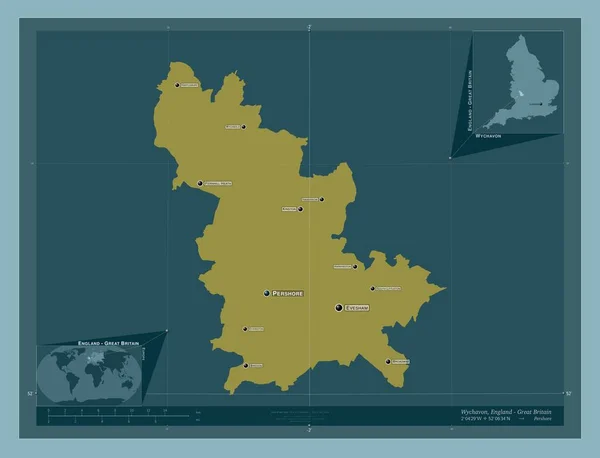 Wychavon 英格兰非大都市地区 大不列颠 固体的颜色形状 该区域主要城市的地点和名称 角辅助位置图 — 图库照片