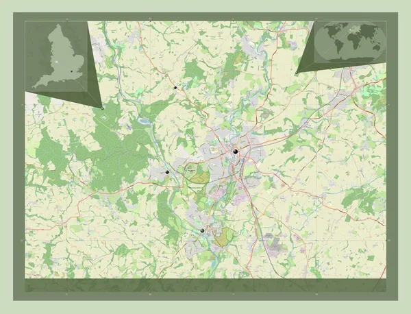 イギリスの首都圏ではない地域 ワイヤーフォレスト イギリス ストリートマップを開く 地域の主要都市の場所 コーナー補助位置図 — ストック写真