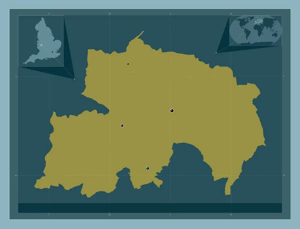 イギリスの首都圏ではない地域 ワイヤーフォレスト イギリス しっかりした色の形 地域の主要都市の場所 コーナー補助位置図 — ストック写真