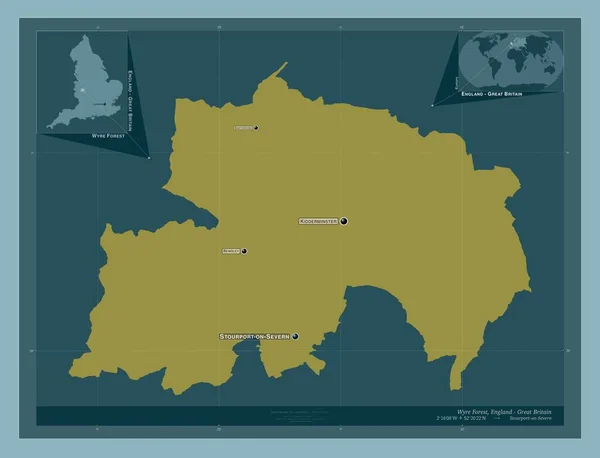 怀尔森林 英格兰的非都市地区 大不列颠 固体的颜色形状 该区域主要城市的地点和名称 角辅助位置图 — 图库照片