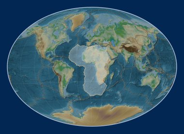 Fahey Oblique projeksiyonunun fiziksel yükseklik haritasında Afrika tektonik plakası meridyenik ve enlektüel olarak ortalanmış. Diğer kalıpların sınırları