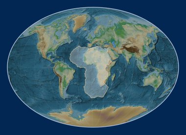 Fahey projeksiyonunun fiziksel yükseklik haritasında Afrika tektonik plakası meridyensel olarak merkezlenmiş.. 