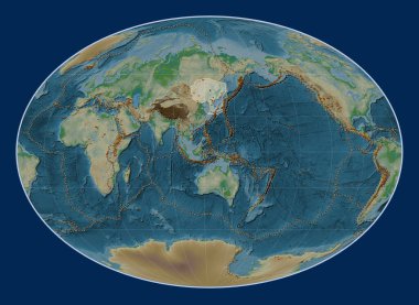 Fahey projeksiyonunun fiziksel yükseklik haritasındaki Amur tektonik plakası meridyensel olarak ortalanmış. Bilinen volkanların dağılımı