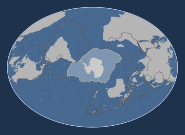 Fahey Oblique projeksiyonunun meridyen ve enlektüel olarak merkezlenmiş katı hat haritasında Antarktika tektonik plakası. Diğer kalıpların sınırları