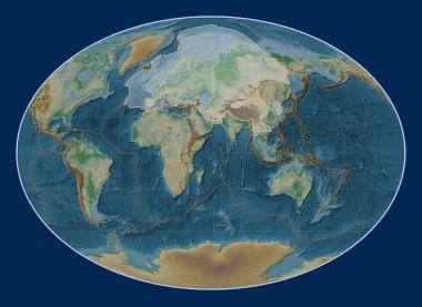 Fahey projeksiyonunun fiziksel yükseklik haritasındaki Avrasya tektonik plakası meridyensel olarak ortalanmış. Bilinen volkanların dağılımı