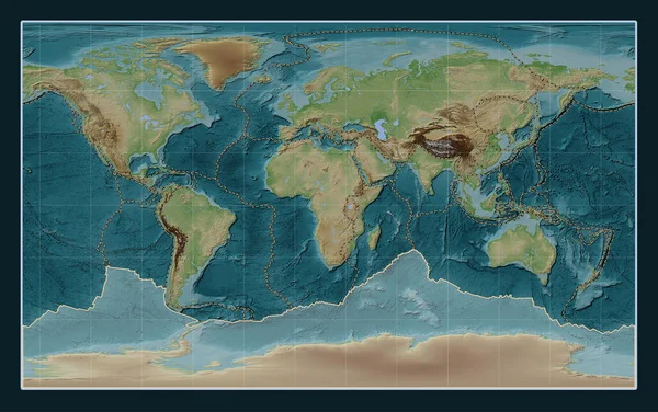 南极洲板块在维基百科风格的高程地图上紧凑型米勒投影中心经向中心 其他板块的边界 — 图库照片