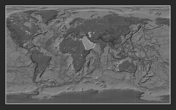 Arabian tectonic plate on the bilevel elevation map in the Compact Miller projection centered meridionally. Boundaries of other plates