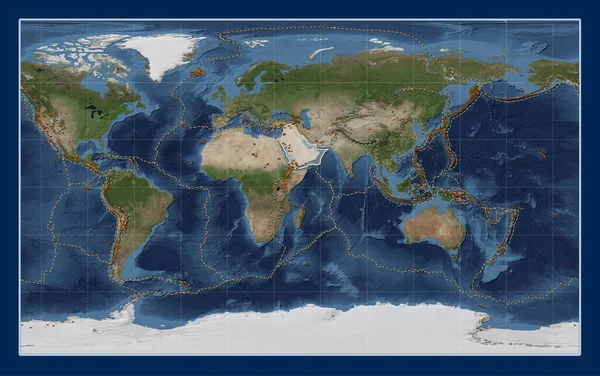 Arabian tectonic plate on the Blue Marble satellite map in the Compact Miller projection centered meridionally. Distribution of known volcanoes