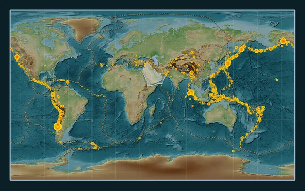 Arabian tectonic plate on the Wiki style elevation map in the Compact Miller projection centered meridionally. Locations of earthquakes above 6.5 magnitude recorded since the early 17th century