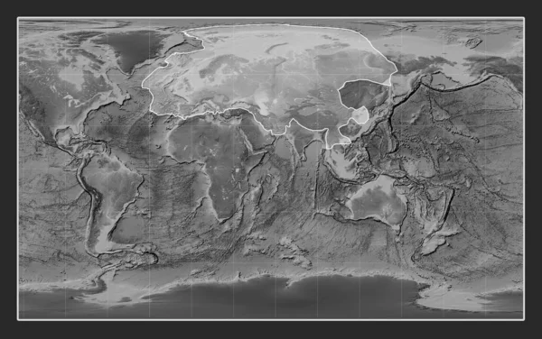 stock image Eurasian tectonic plate on the grayscale elevation map in the Compact Miller projection centered meridionally. 