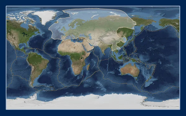 Eurazjatycka Płyta Tektoniczna Mapie Satelitarnej Blue Marble Projekcji Compact Miller — Zdjęcie stockowe