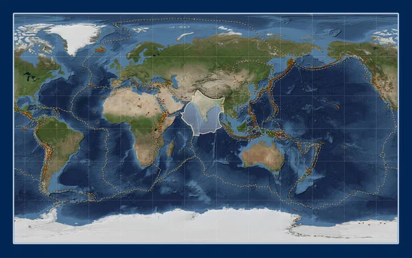 Indyjska Płyta Tektoniczna Mapie Satelitarnej Blue Marble Projekcji Compact Miller — Zdjęcie stockowe