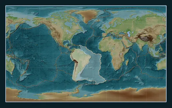 南美板块在维基风格的高程地图上的紧凑型米勒投影偏心偏心 其他板块的边界 — 图库照片