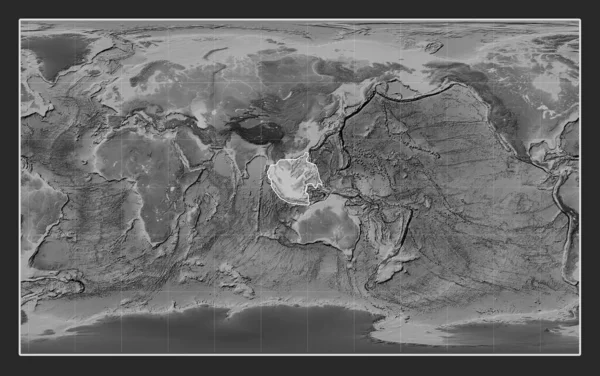 Sunda Tectonic Plate Grayscale Elevation Map Compact Miller Projection Centered — Stock Photo, Image