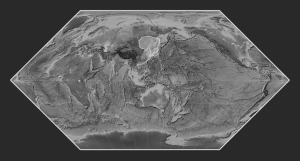 Eckert I投影中灰度高程图上的阿穆尔板块呈经向中心 其他板块的边界 — 图库照片