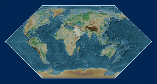 Arabian tectonic plate on the physical elevation map in the Eckert I projection centered meridionally.