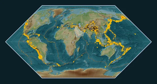 Arabian tectonic plate on the Wiki style elevation map in the Eckert I projection centered meridionally. Locations of earthquakes above 6.5 magnitude recorded since the early 17th century