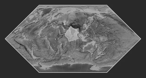 Indická Tektonická Deska Výškové Mapě Stupních Šedi Projekci Eckert Meridálně — Stock fotografie