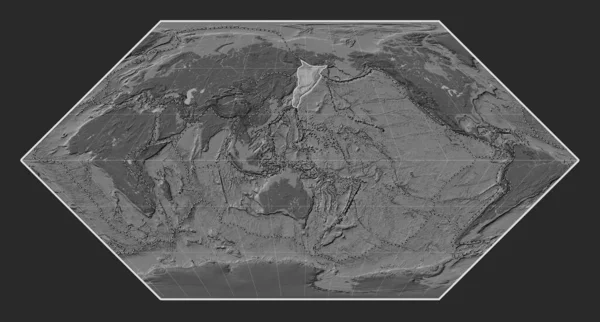 Okhotsk Tectonic Plate Bilevel Elevation Map Eckert Projection Centered Meridionally — Stock Photo, Image