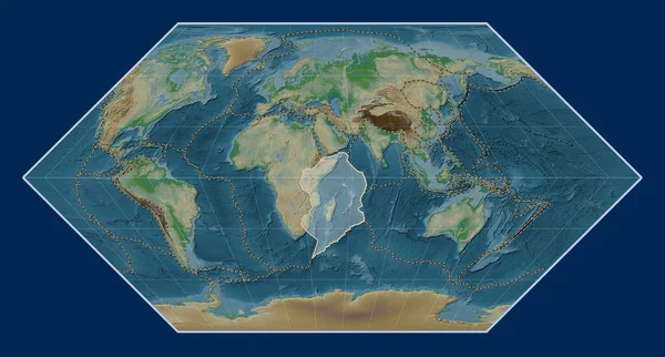 Somalian Tectonic Plate Physical Elevation Map Eckert Projection Centered Meridionally — Stock Photo, Image