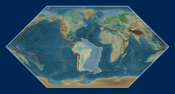 埃克特一号投影中物理高程图上的南美板块以经线为中心 已知火山分布情况 — 图库照片