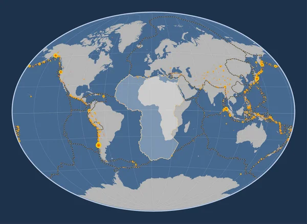 法赫斜投影中固体等高线图上的非洲板块以经向和纬度为中心 17世纪初以来记录的6 5级以上地震位置 — 图库照片
