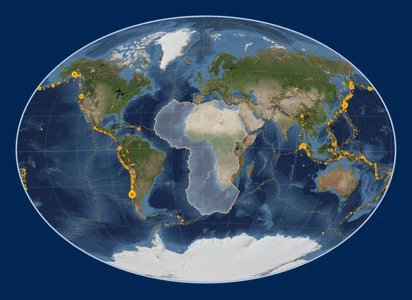 African tectonic plate on the Blue Marble satellite map in the Fahey Oblique projection centered meridionally and latitudinally. Locations of earthquakes above 6.5 magnitude recorded since the early 17th century