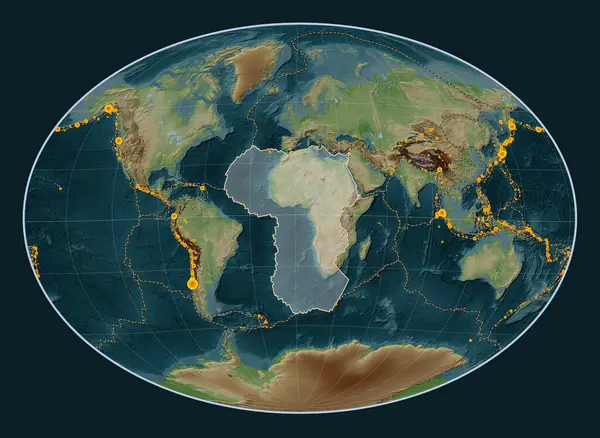 African tectonic plate on the Wiki style elevation map in the Fahey Oblique projection centered meridionally and latitudinally. Locations of earthquakes above 6.5 magnitude recorded since the early 17th century