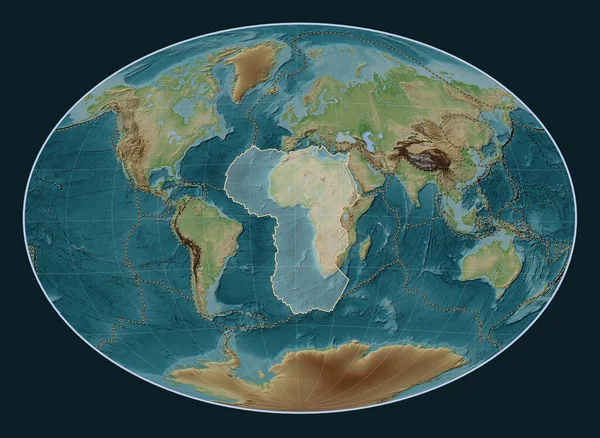 African tectonic plate on the Wiki style elevation map in the Fahey Oblique projection centered meridionally and latitudinally. Boundaries of other plates