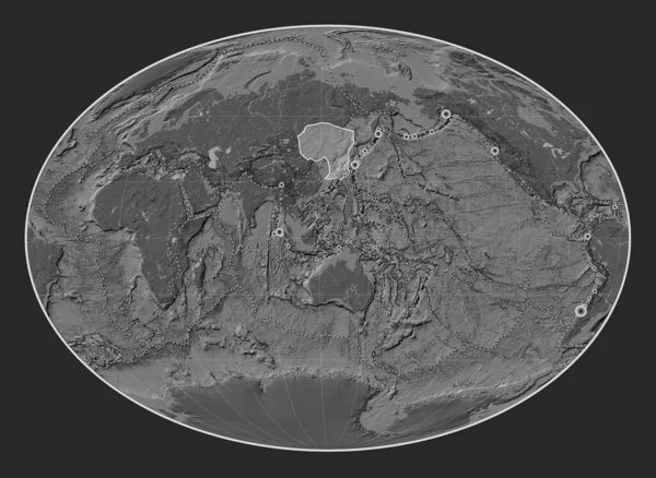 法赫投影中双圆弧隆起图上的阿穆尔构造板块是子午线中心 17世纪初以来记录的6 5级以上地震位置 — 图库照片