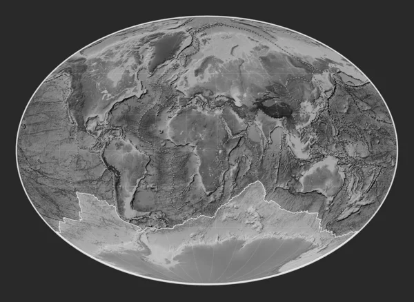南极板块灰度高程地形图上的法赫投影中心经向 其他板块的边界 — 图库照片