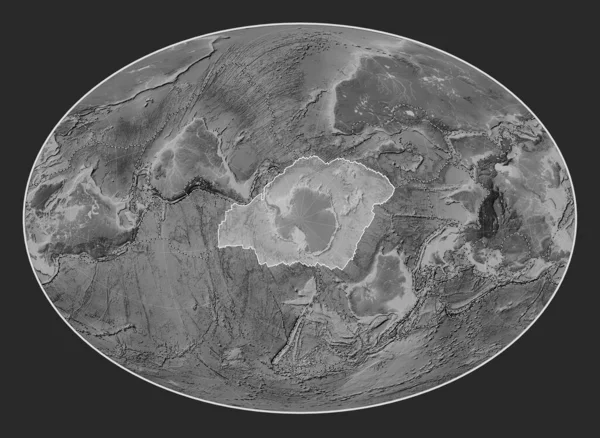 Antarctica Tectonic Plate Grayscale Elevation Map Fahey Oblique Projection Centered — Stock Photo, Image