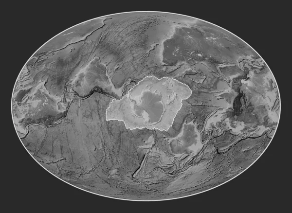 Antarctica tectonic plate on the grayscale elevation map in the Fahey Oblique projection centered meridionally and latitudinally.