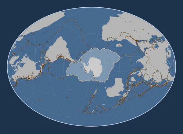 Antarctica tectonic plate on the solid contour map in the Fahey Oblique projection centered meridionally and latitudinally. Distribution of known volcanoes