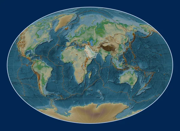 Arabian tectonic plate on the physical elevation map in the Fahey projection centered meridionally. Distribution of known volcanoes