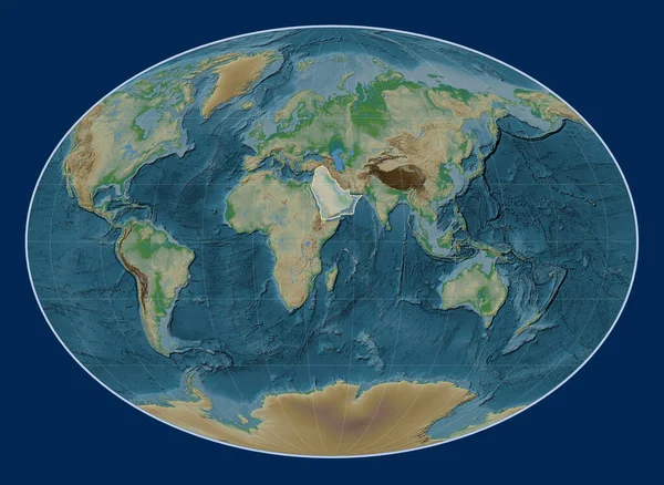 Arabian tectonic plate on the physical elevation map in the Fahey projection centered meridionally.