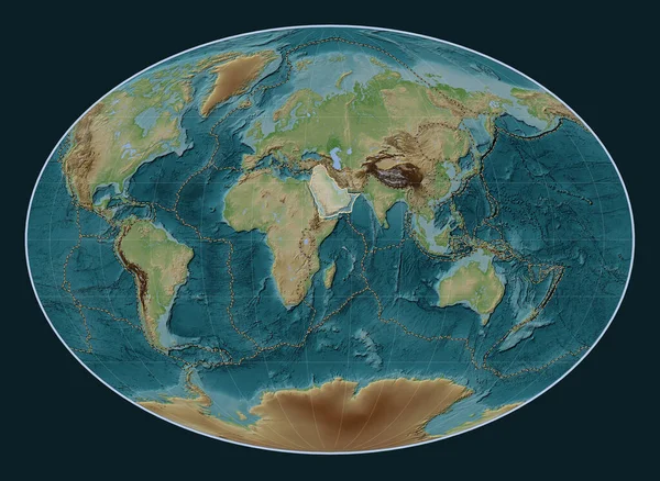 Arabian tectonic plate on the Wiki style elevation map in the Fahey projection centered meridionally. Boundaries of other plates