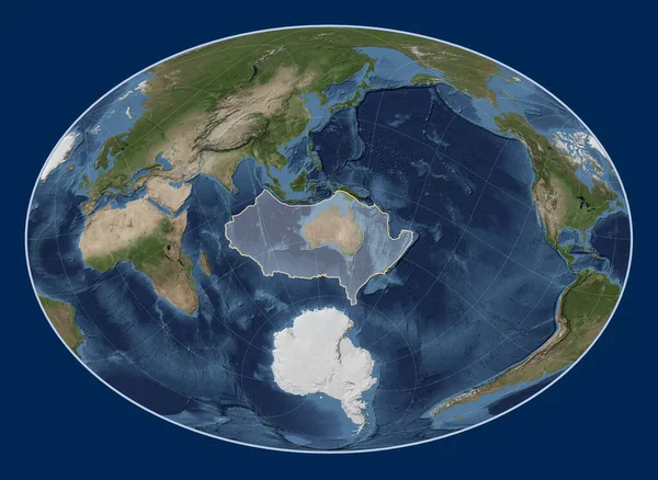 Australian tectonic plate on the Blue Marble satellite map in the Fahey Oblique projection centered meridionally and latitudinally.
