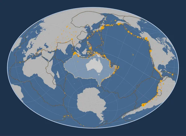 Australian tectonic plate on the solid contour map in the Fahey Oblique projection centered meridionally and latitudinally. Locations of earthquakes above 6.5 magnitude recorded since the early 17th century
