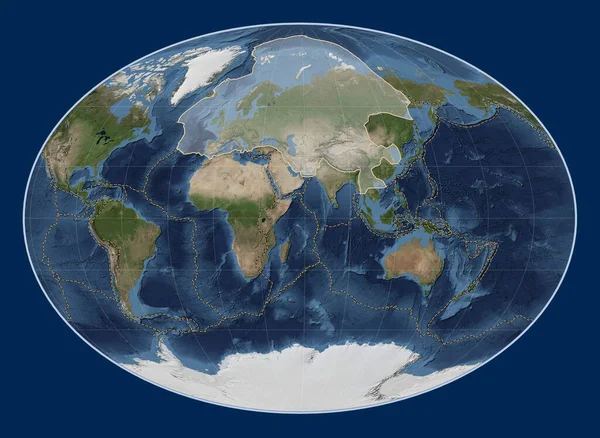 Euraziatische Tektonische Plaat Blue Marble Satellietkaart Fahey Projectie Gecentreerd Meridionaal — Stockfoto