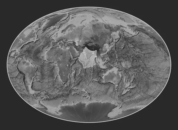 Indická Tektonická Deska Výškové Mapě Stupních Šedi Projekci Fahey Meridálně — Stock fotografie