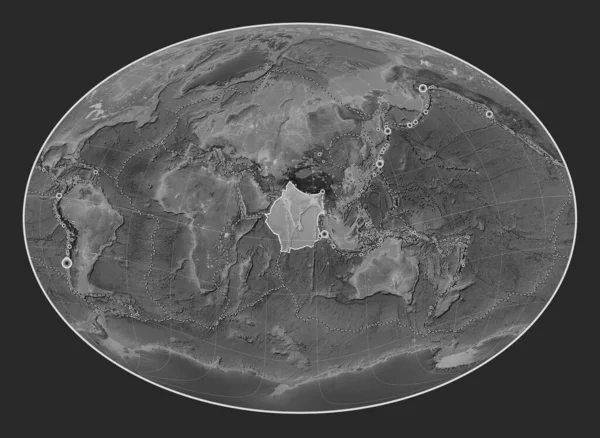 Indian Tectonic Plate Grayscale Elevation Map Fahey Oblique Projection Centered — Stock Photo, Image